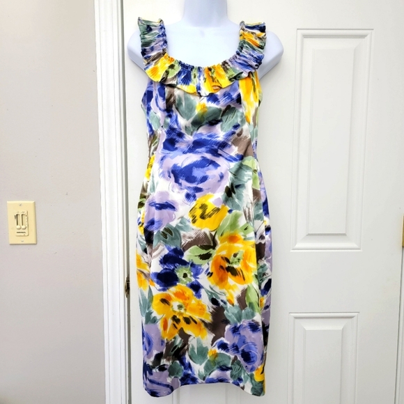 Maggy London Ruffle Neck Colorful Spring Floral Lined Satin Dress Size 2 - Picture 1 of 12